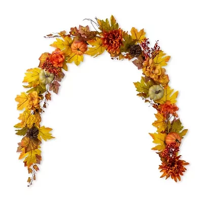 Glitzhome 72"L Fall Dahlia Pumpkin, Leaf And Berry Garland Thanksgiving Tabletop Decor