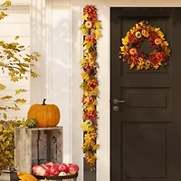 Glitzhome 72"L Fall Dahlia Pumpkin, Leaf And Berry Garland Thanksgiving Tabletop Decor