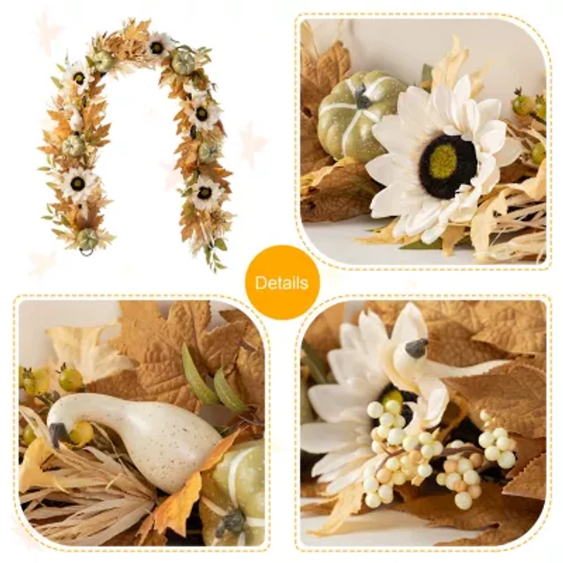 Glitzhome 72"L Fall Neutral Sunflower, Pumpkin And Leaf Garland Thanksgiving Tabletop Decor
