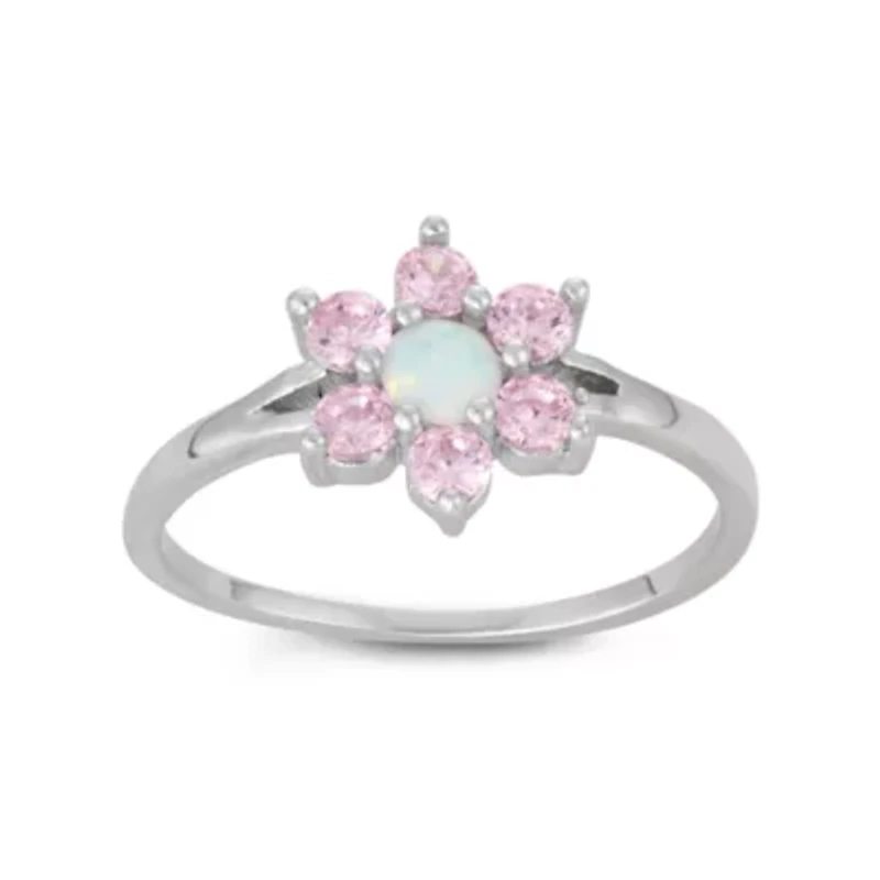 Girls White Opal Sterling Silver Flower Delicate Cocktail Ring