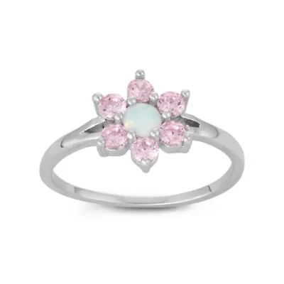 Girls White Opal Sterling Silver Flower Delicate Cocktail Ring