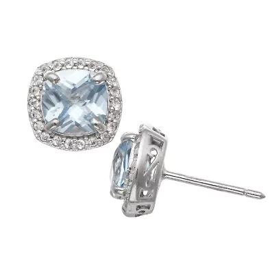 Lab Created Blue Aquamarine Sterling Silver 10mm Cushion Stud Earrings