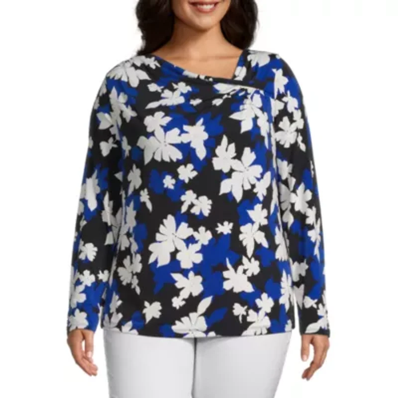 Liz Claiborne Womens Asymmetrical Neck Long Sleeve Plus Blouse