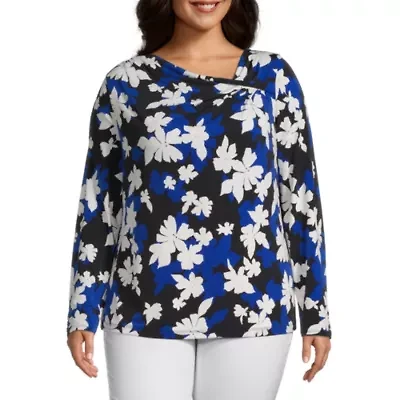 Liz Claiborne Womens Asymmetrical Neck Long Sleeve Plus Blouse