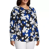 Liz Claiborne Womens Asymmetrical Neck Long Sleeve Plus Blouse