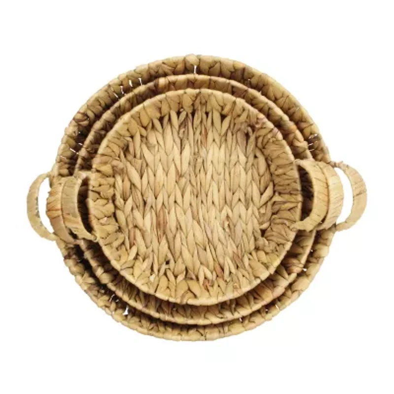 Water Hyacinth Woven Round Basket Trays - Set of 3