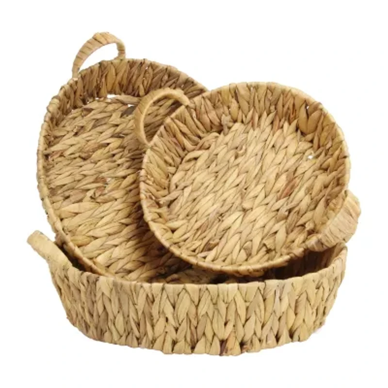Water Hyacinth Woven Round Basket Trays - Set of 3