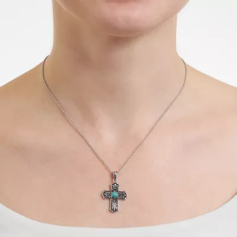 Womens Enhanced Blue Turquoise Sterling Silver Cross 18 Inch Pendant Necklace