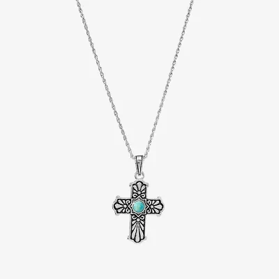 Womens Enhanced Blue Turquoise Sterling Silver Cross 18 Inch Pendant Necklace