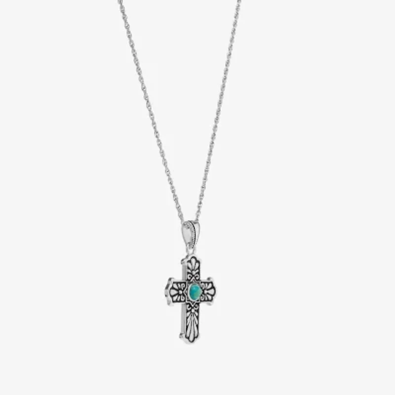 Womens Enhanced Blue Turquoise Sterling Silver Cross 18 Inch Pendant Necklace