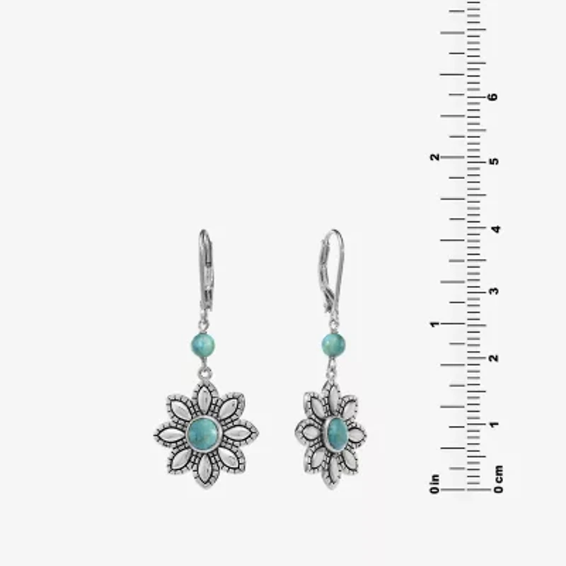 Womens Enhanced Blue Turquoise Sterling Silver Flower Drop Earrings