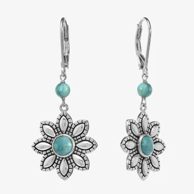 Womens Enhanced Blue Turquoise Sterling Silver Flower Drop Earrings