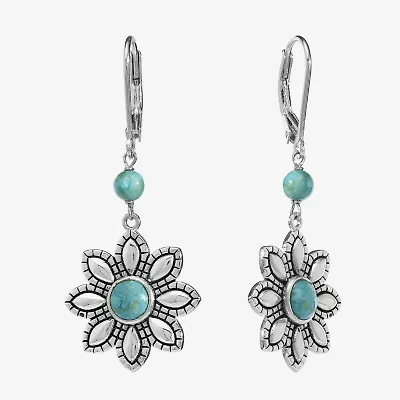 Womens Enhanced Blue Turquoise Sterling Silver Flower Drop Earrings