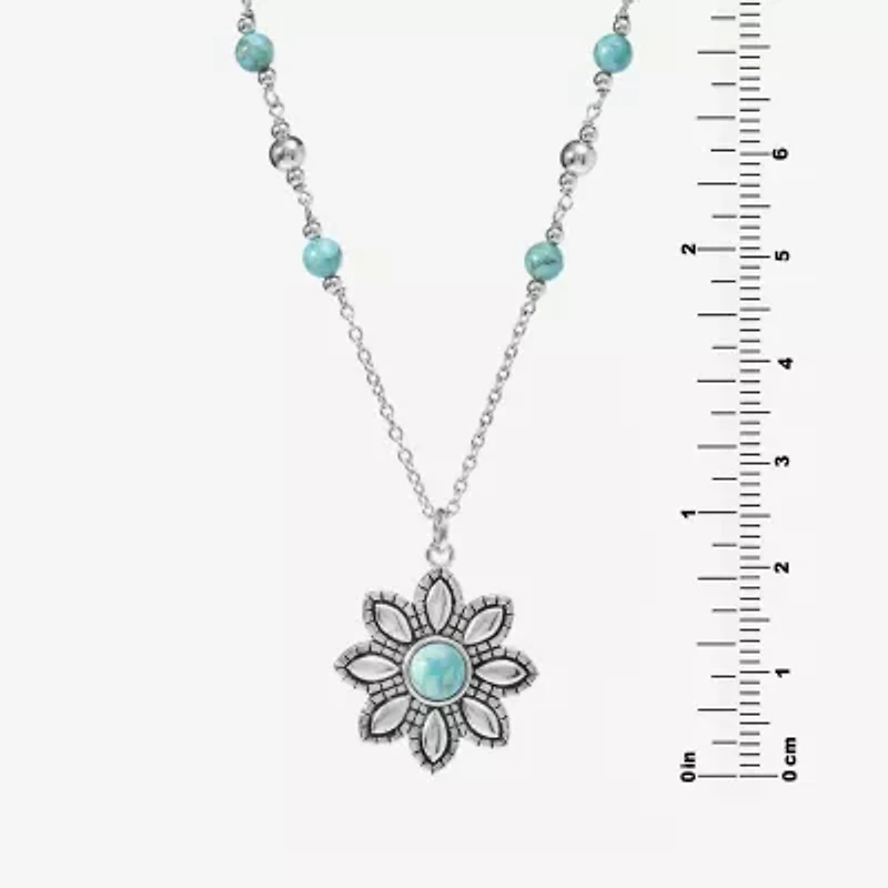 Womens Enhanced Blue Turquoise Sterling Silver Flower 18 Inch Pendant Necklace