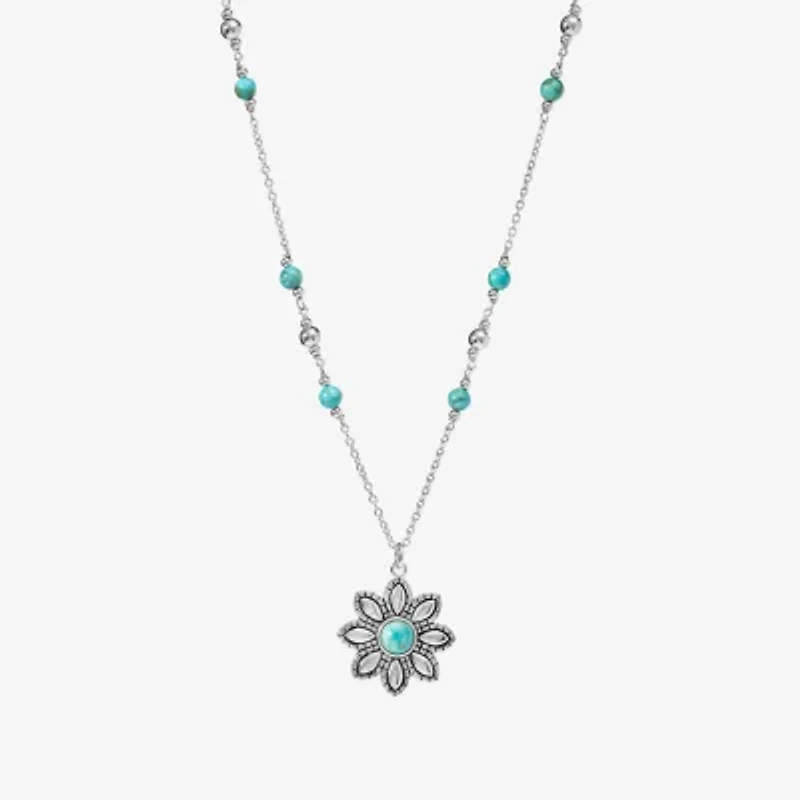 Womens Enhanced Blue Turquoise Sterling Silver Flower 18 Inch Pendant Necklace