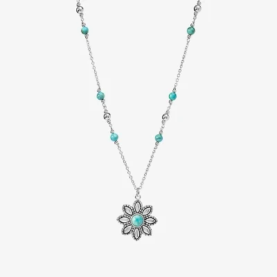 Womens Enhanced Blue Turquoise Sterling Silver Flower 18 Inch Pendant Necklace