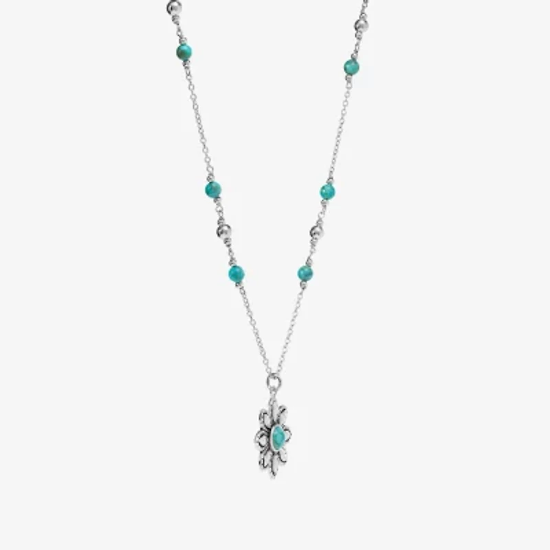Womens Enhanced Blue Turquoise Sterling Silver Flower 18 Inch Pendant Necklace