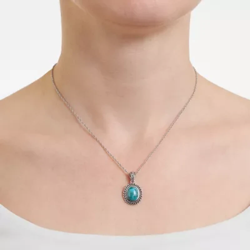 Womens Enhanced Blue Turquoise Sterling Silver Oval 18 Inch Pendant Necklace