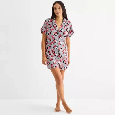 Disney Mjc Womens Easy-on + Easy-off Minnie Mouse Knit Short Sleeve 2-pc. Pajama Shorts