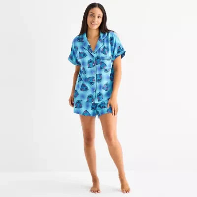 Disney Mjc Womens Easy-on + Easy-off Lilo & Stitch Knit Short Sleeve 2-pc. Pajama Shorts