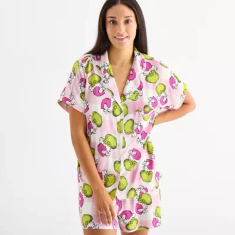 Disney Mjc Womens Easy-on + Easy-off Grinch Knit Short Sleeve 2-pc. Pajama Shorts