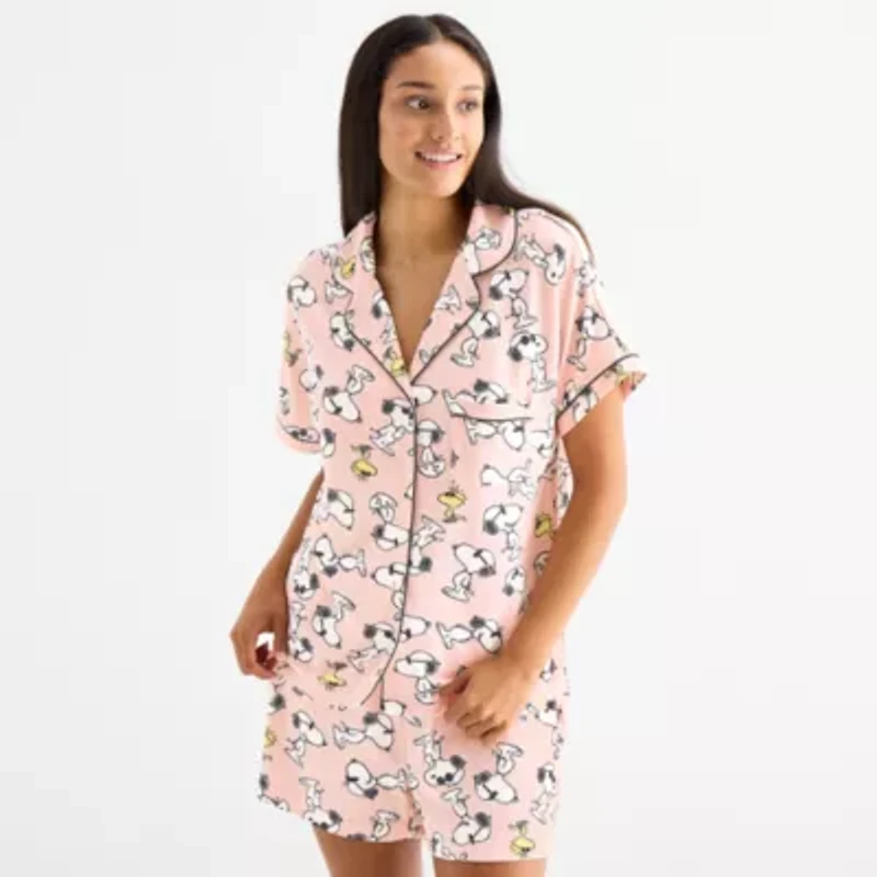 Disney Mjc Womens Easy-on + Easy-off Snoopy Knit Short Sleeve 2-pc. Pajama Shorts