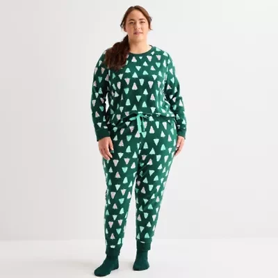 Jaclyn Womens Round Neck Long Sleeve -pc. Plus Pajama Sets