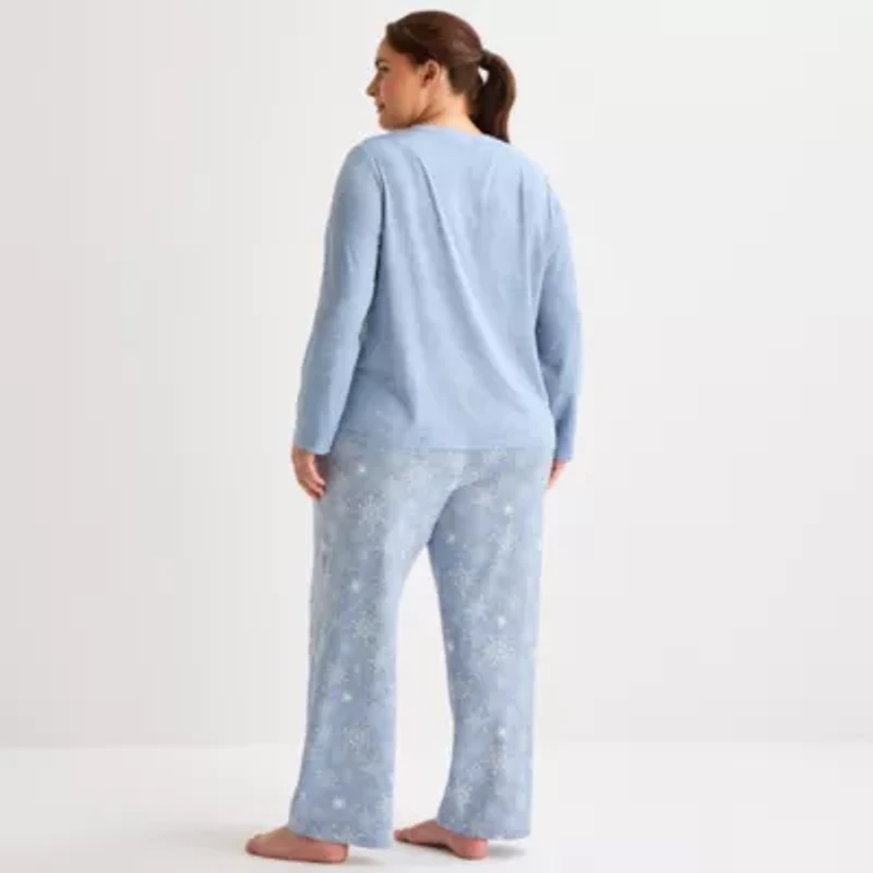 Jaclyn Womens Round Neck Long Sleeve 2-pc. Plus Pajama Sets
