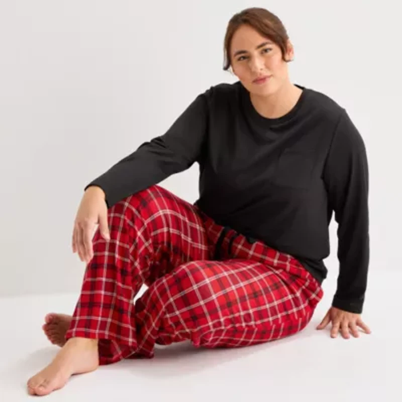 Jaclyn Womens Round Neck Long Sleeve 2-pc. Plus Pajama Sets
