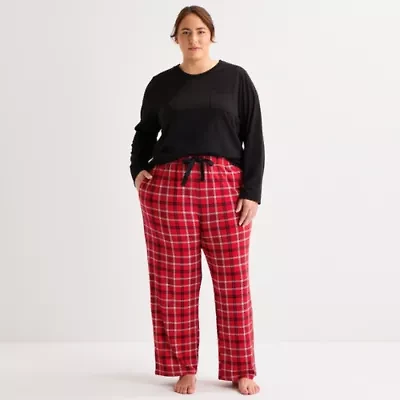 Jaclyn Womens Round Neck Long Sleeve 2-pc. Plus Pajama Sets