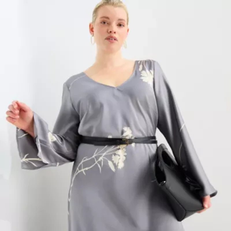 Worthington Womens Plus Long Sleeve Floral Maxi Dress