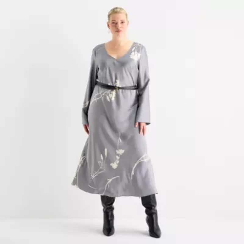Worthington Womens Plus Long Sleeve Floral Maxi Dress