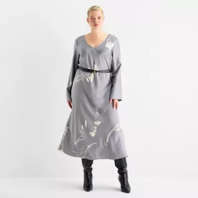 Worthington Womens Plus Long Sleeve Floral Maxi Dress