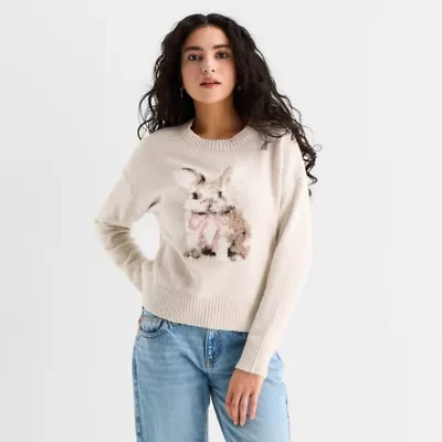 Arizona Juniors Womens Crew Neck Long Sleeve Animal Pullover Sweater