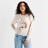 Arizona Juniors Womens Crew Neck Long Sleeve Animal Pullover Sweater