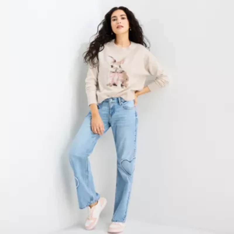 Arizona Juniors Womens Crew Neck Long Sleeve Animal Pullover Sweater