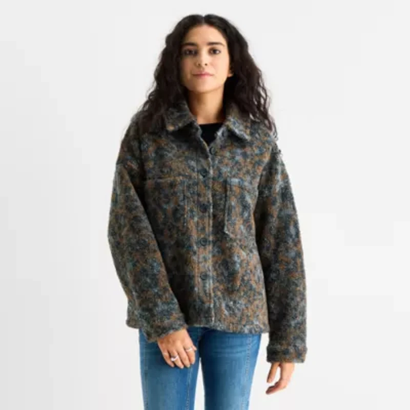 Arizona Womens Juniors Faux Fur Midweight Shirt Jacket