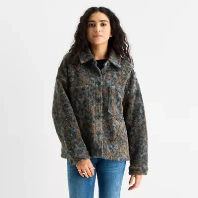 Arizona Womens Juniors Faux Fur Midweight Shirt Jacket