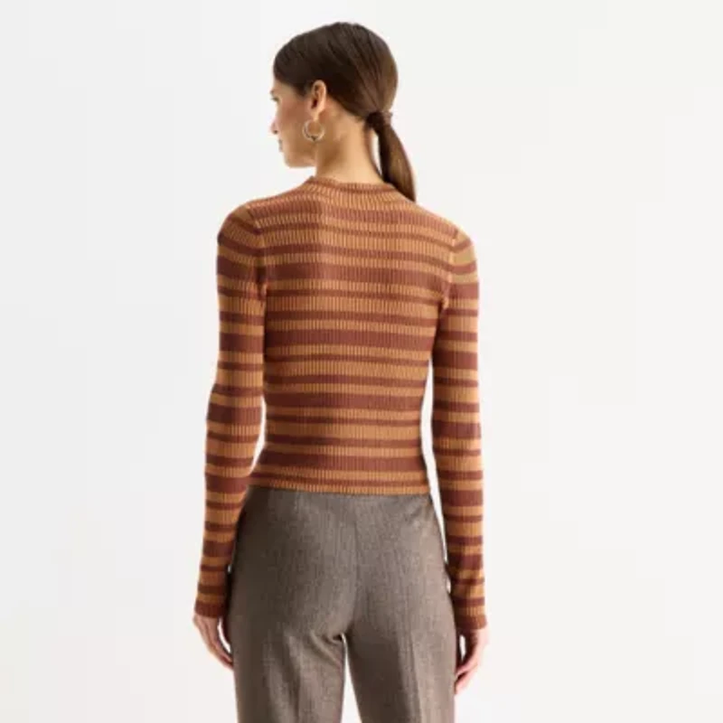 Worthington Womens Mock Neck Long Sleeve Striped Pullover Sweater