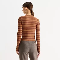 Worthington Womens Mock Neck Long Sleeve Striped Pullover Sweater