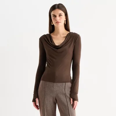 Worthington Womens Cowl Neck Long Sleeve Blouse