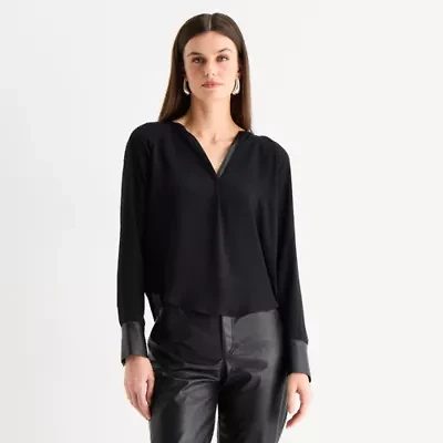 Worthington Womens Split Crew Neck Long Sleeve Blouse
