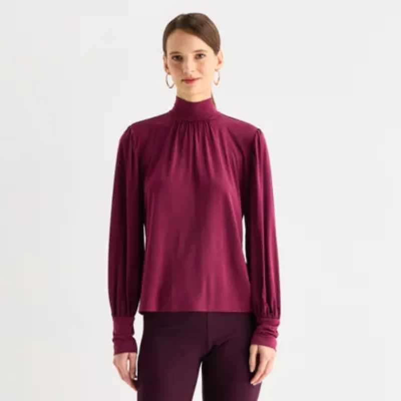 Worthington Womens Mock Neck Long Sleeve Blouse