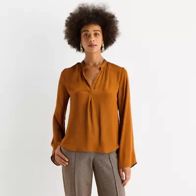 Worthington Womens V Neck Long Sleeve Satin Blouse