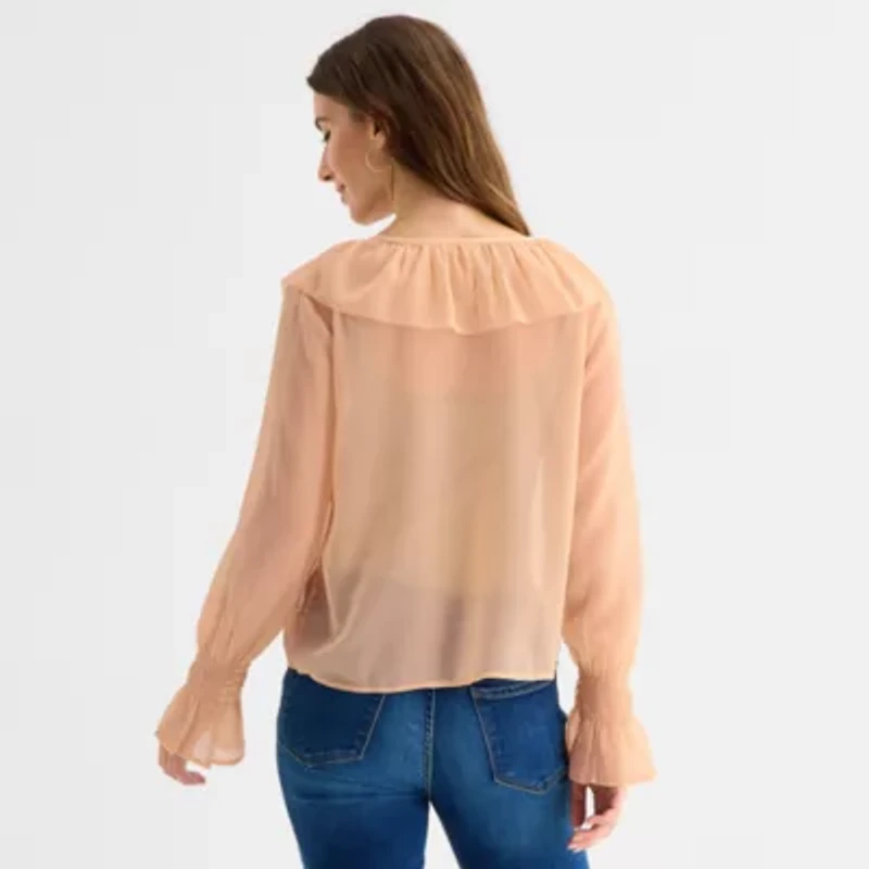 a.n.a Ruffle Womens V Neck Long Sleeve Blouse