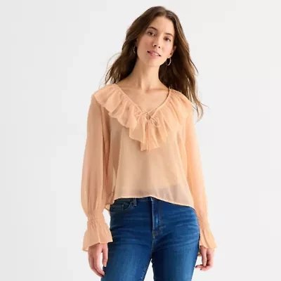 a.n.a Ruffle Womens V Neck Long Sleeve Blouse