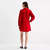 St. John's Bay Womens Embroidered Long Sleeve Bows Shift Dress