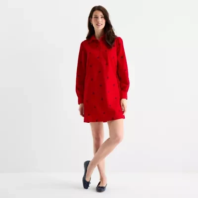St. John's Bay Womens Embroidered Long Sleeve Bows Shift Dress