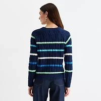 St. John's Bay Womens Crew Neck Long Sleeve Striped Cable Knit Pullover Sweater