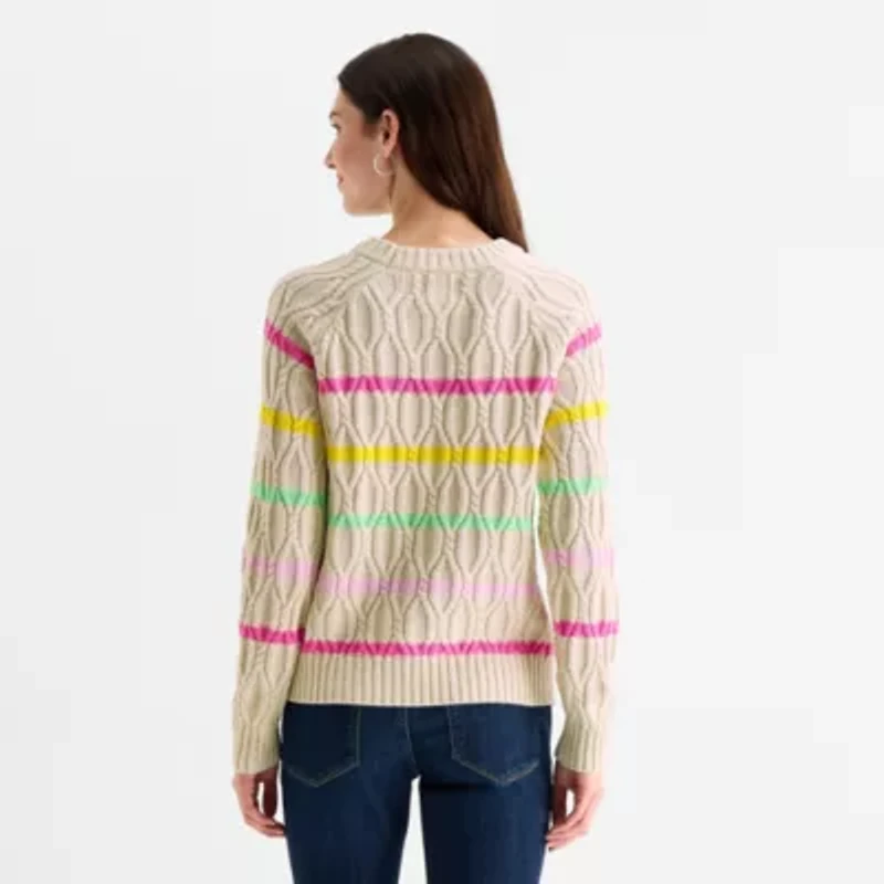 St. John's Bay Womens Crew Neck Long Sleeve Striped Cable Knit Pullover Sweater